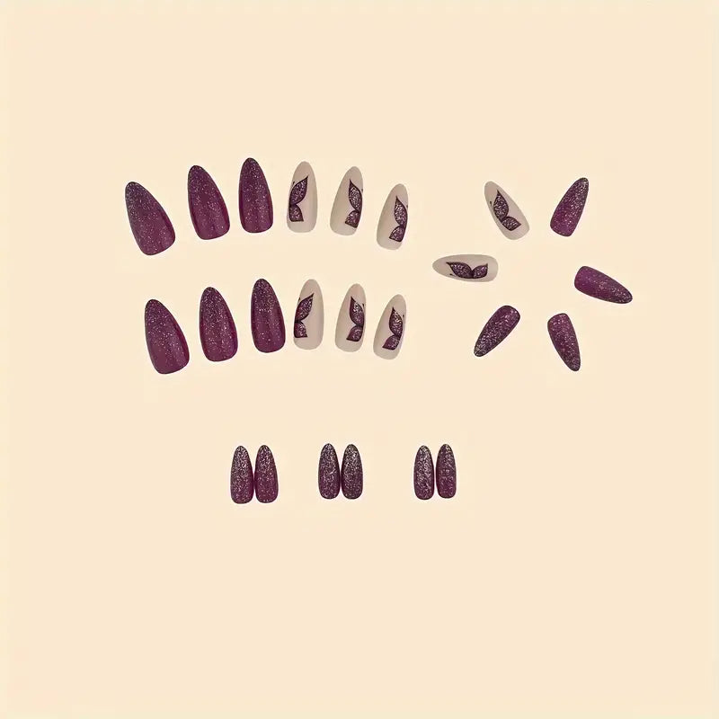 Almond Purple Butterfly Glitter Design Press On Nails - 12pcs