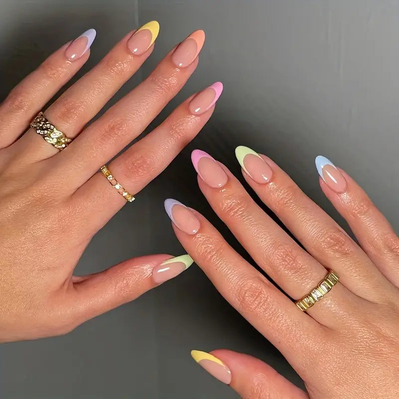 Short Oval Rainbow Collection French Tip Press On Nails - 24pcs