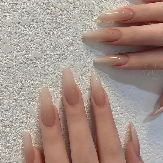 Glossy Long Almond Nude White Gradient Press On Nails - 24pcs