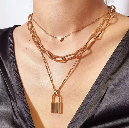 Stylish Necklaces Multi Layer Lover Lock Necklace For Girls and Women (Golden)