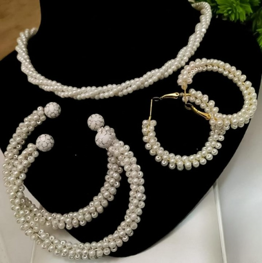 Women Pearl Elegant Jewelry Set ,kangan, Mala & Earrings Pearl Set(white)